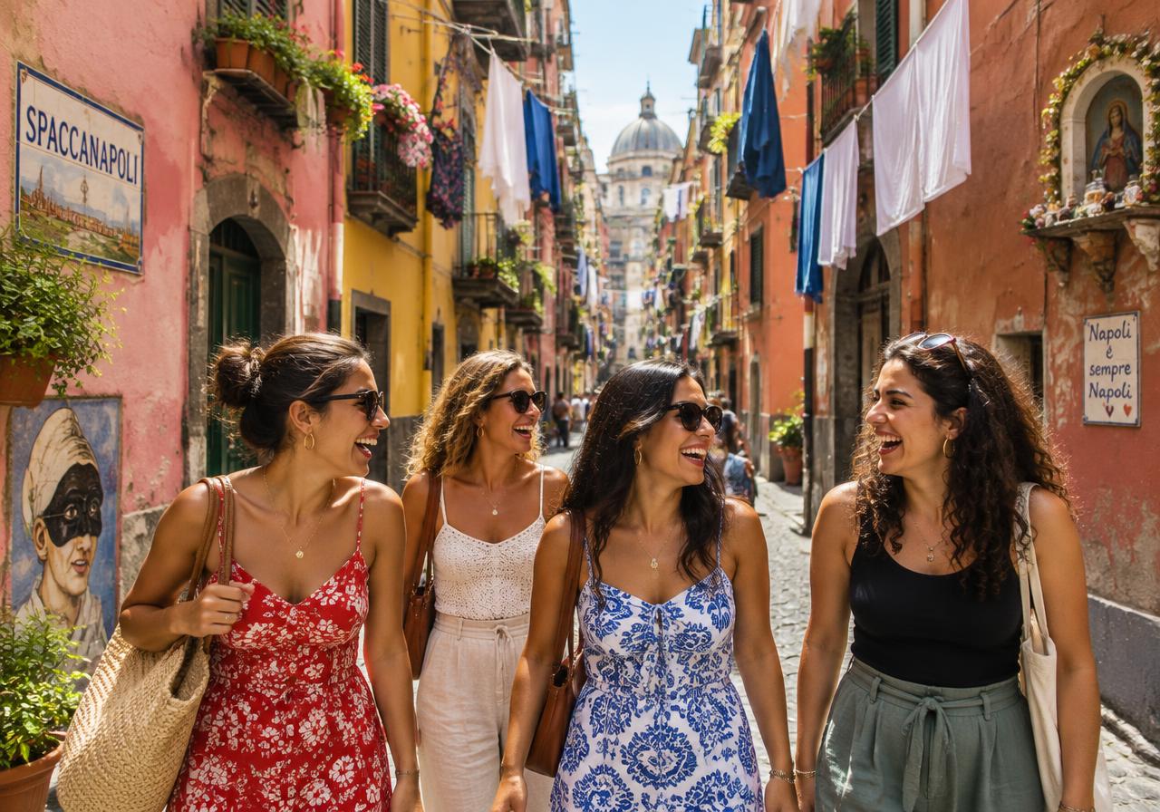 Friends laughing on Spaccanapoli in Naples